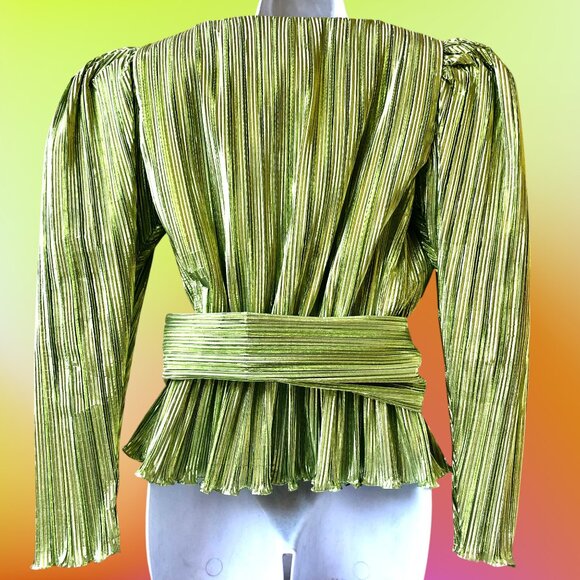 Vintage 80's Metallic Peridot Accordian Pleats Evening Blouse Belt Flower - Picture 2 of 14